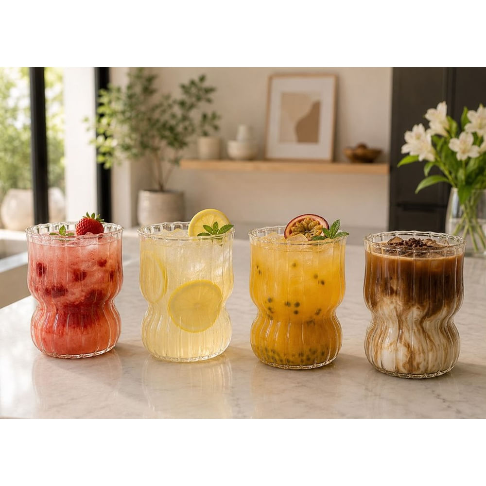 6 Vasos de Vidrio Borosilicato 350 ml Transparente Diseño Acanalado Premium