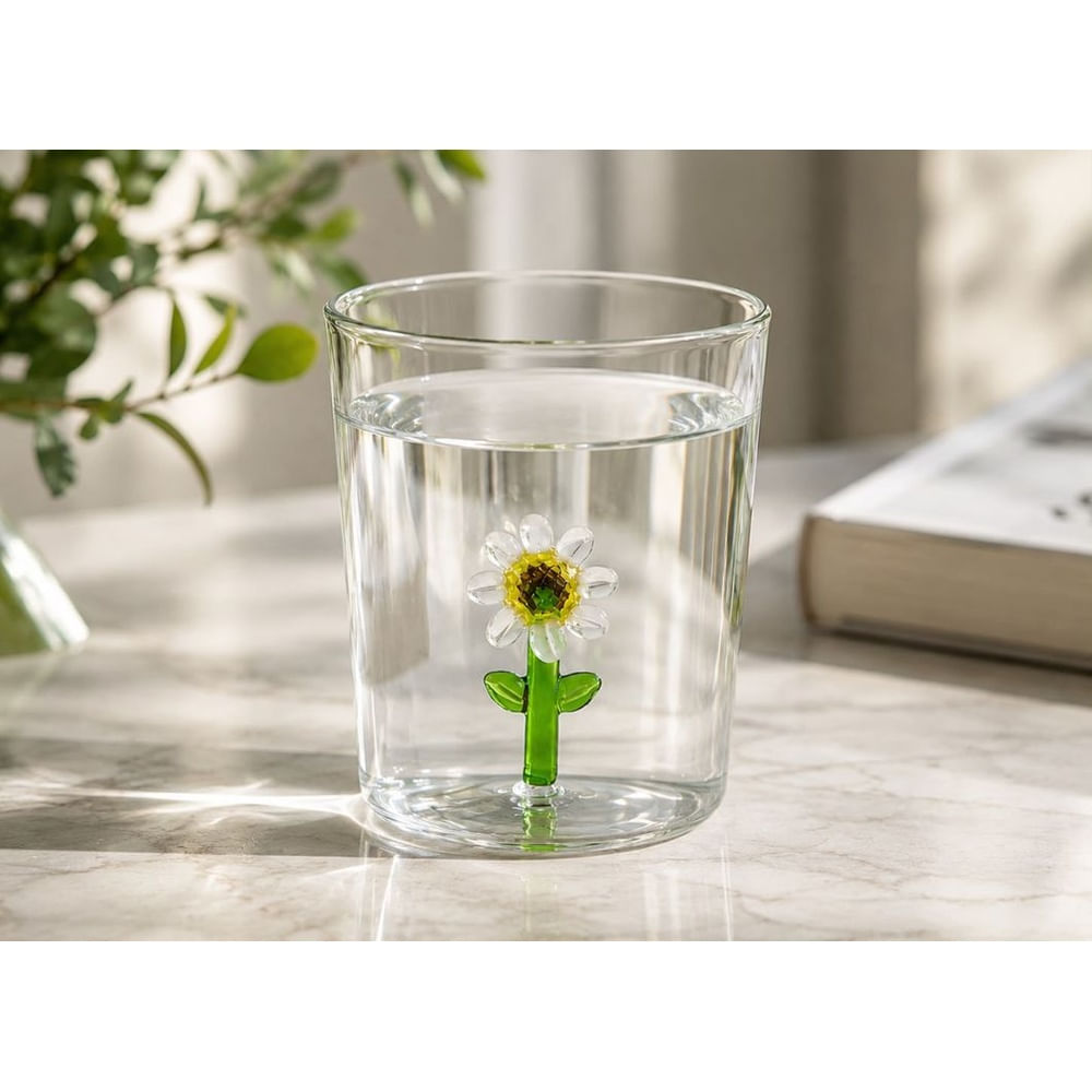 Set de 4 Vasos 3D Girasol de Vidrio Borosilicato 350 ml