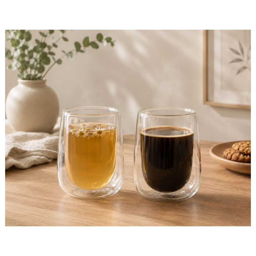 6 Vasos Doble Fondo de Vidrio Borosilicato 350 ml para Bebidas Frías y Calientes