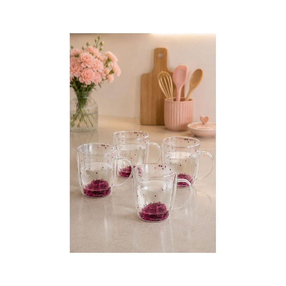 2 Tazas con Estrellas rosa Doble Capa Vidrio Borosilicato 350 ml