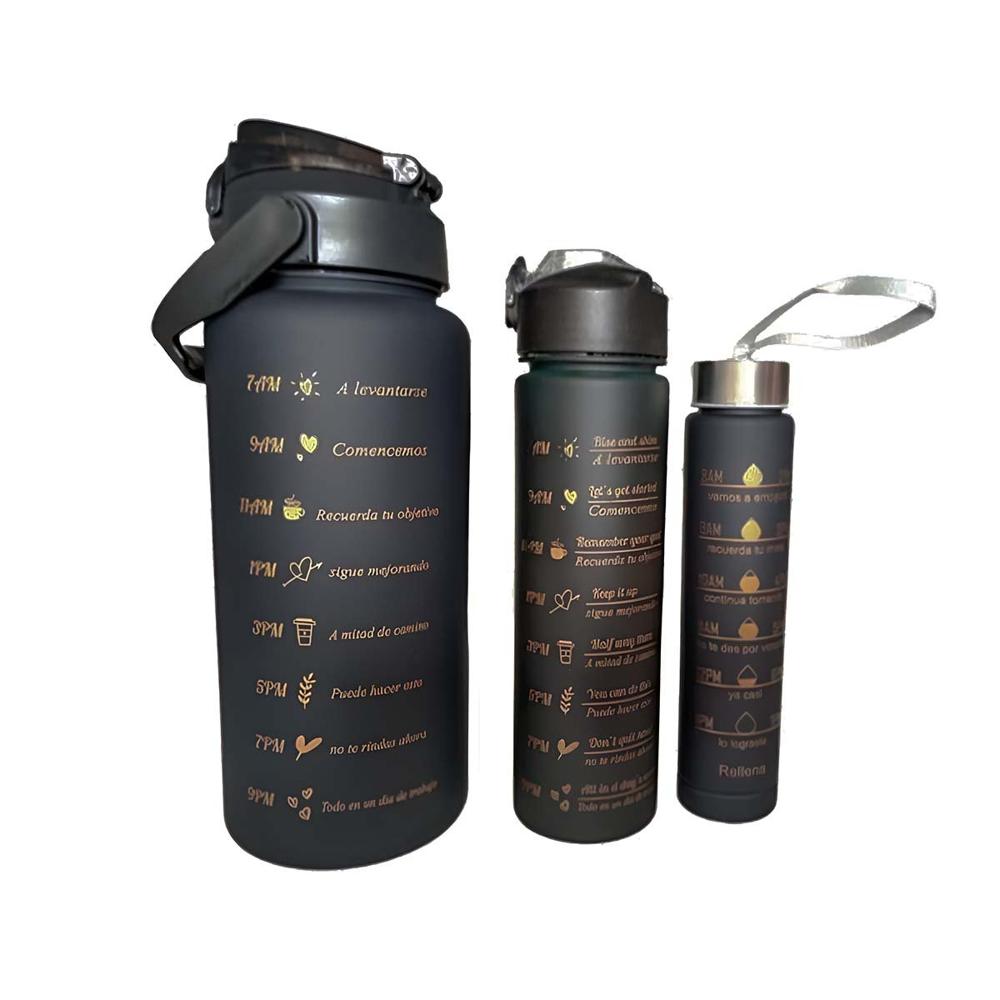 Botellas de Hidratacion en Set de 3 en Negro y Tapa de Plastico YPapel Regalo