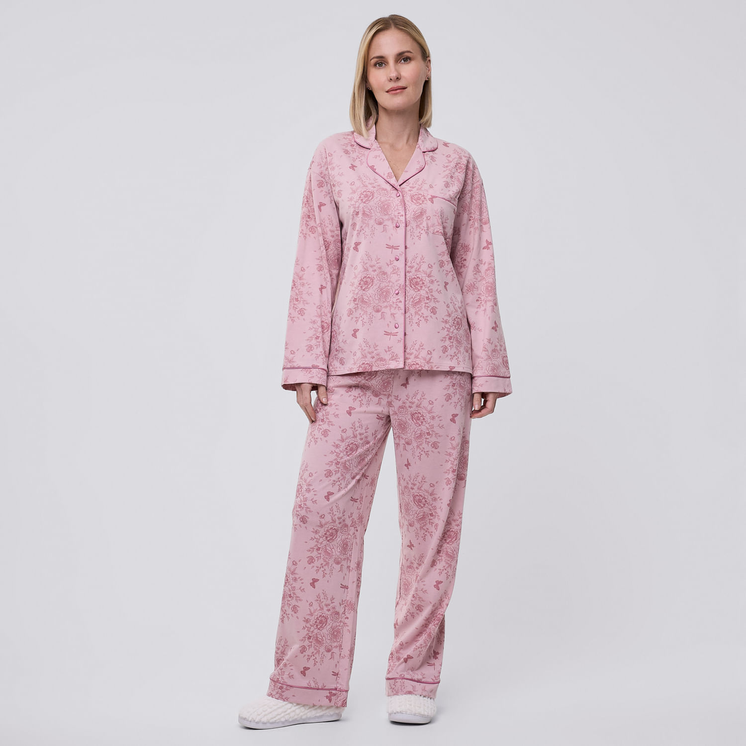 Pijama Mujer Camisera Print Zafin Manga Larga Rosado Talla L