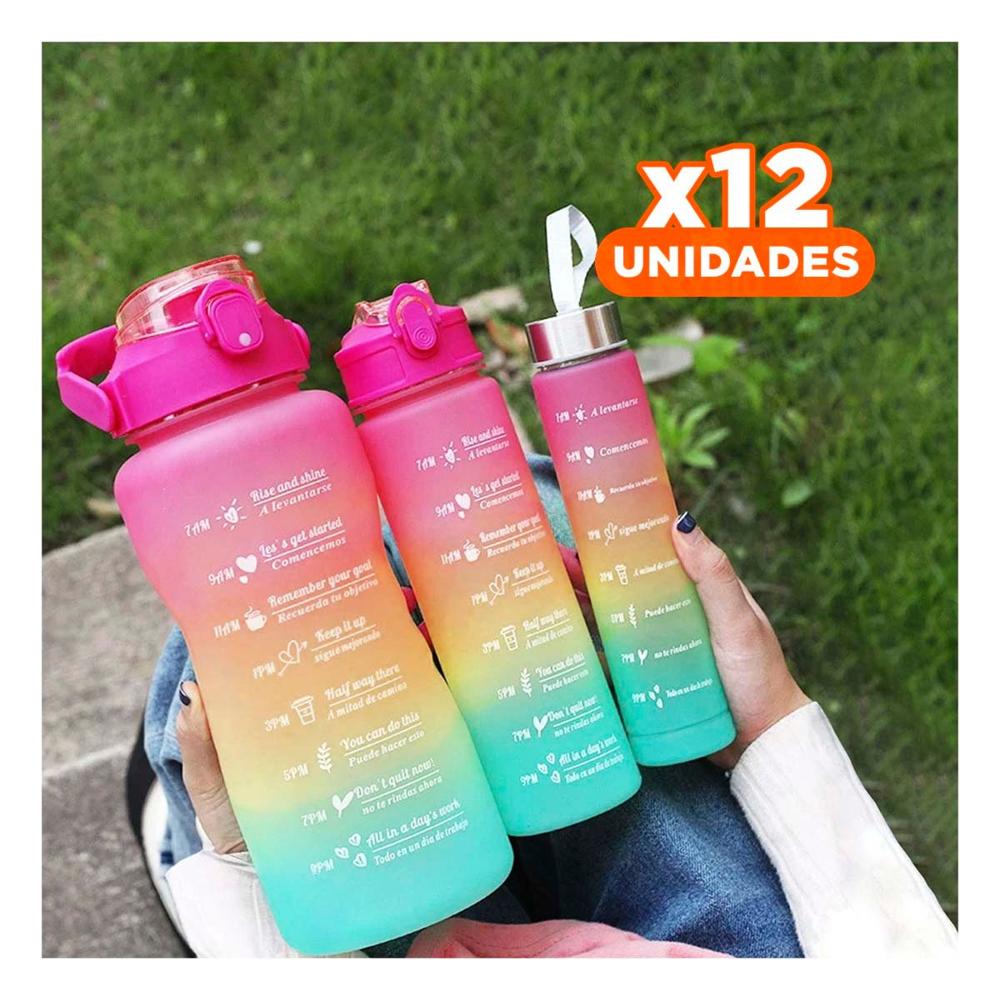 Pack12 Cantimploras Set Triple en Fucsia con Tapa de Plastico 2 L 1 L y 300 Ml