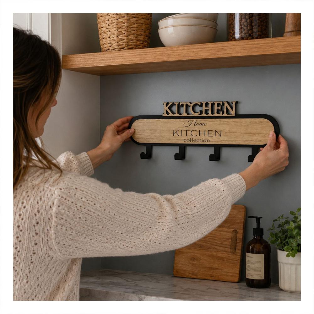 Perchero Kitchen Negro y Beige con 4 Ganchos 39x13.5cm para el Hogar