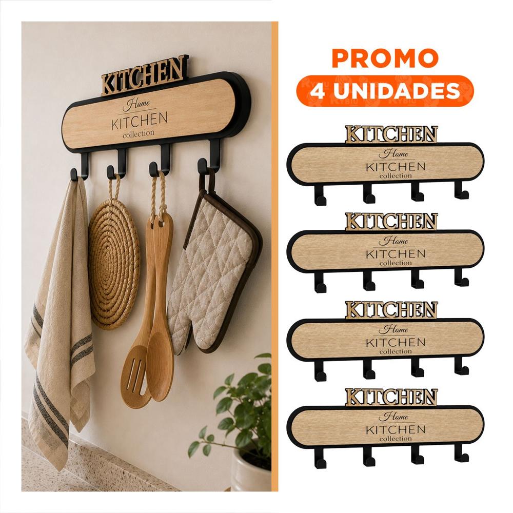 Pack4 Colgador 39x13.5cm con 4 Ganchos de Kitchen Negro y Beige para Dormitorio