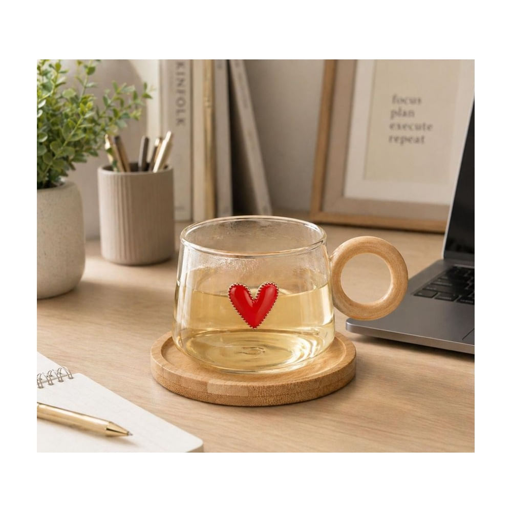 Taza de Vidrio Borosilicato con Asa y Base de Madera 300ml
