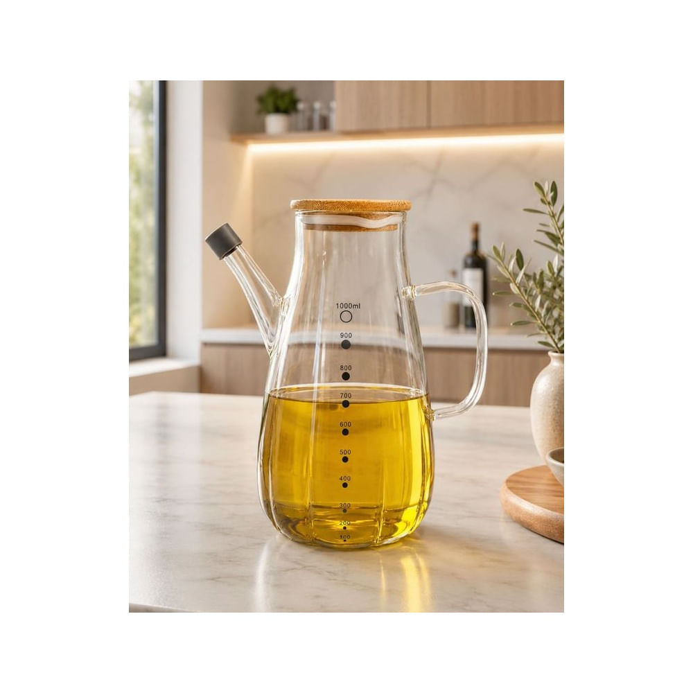 Lechera 1L de Vidrio Borosilicato con Tapa de Bambú