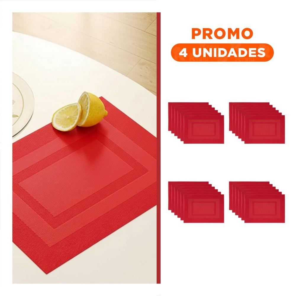 Pack4 Juego para Mesa Familiar 6 Individual Rectangular con Borde Rayas Guinda