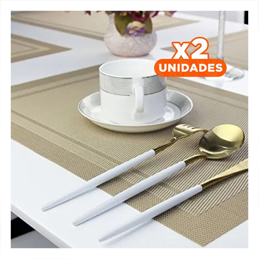 Pack2 Juego Individual Rectangular 6 Piezas con Borde Rayas Dorado para Comedor Y Papel Regalo