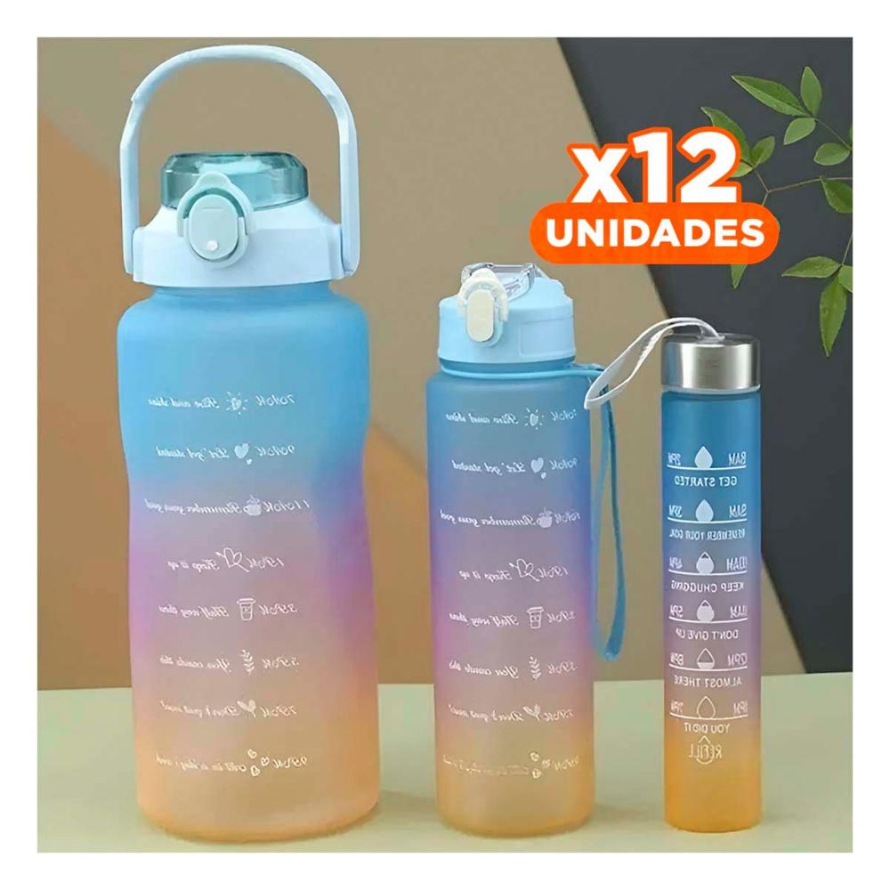 Pack12 Cantimploras Set Triple en Verde Agua con Tapa de Plastico 2 L 1 L y 300 Ml