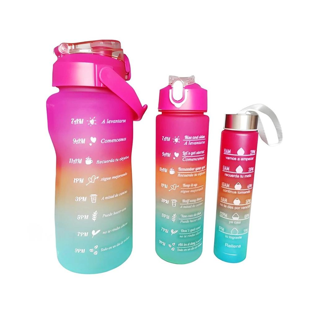 Botellas de Hidratacion en Set de 3 en Fucsia y Tapa de Plastico YPapel Regalo