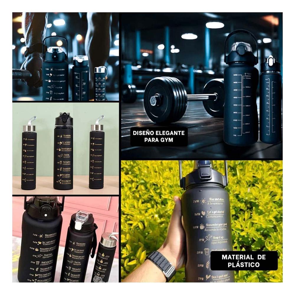 Botellas de Hidratacion en Negro con Capacidad 2 L 1 L y 300 Ml en Set de 3 Y notas