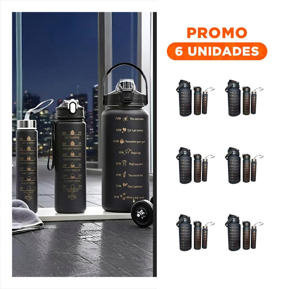Pack6 Cantimploras Negro con Volumen 2 L 1 L y 300 Ml y Tapa Resistente YPapel Regalo