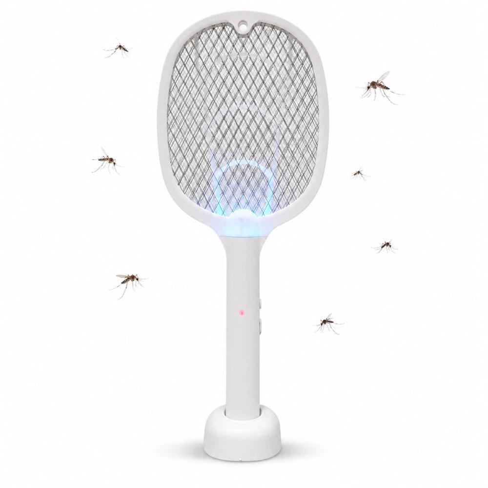 Raqueta Eléctrica Matamosquitos 3 en 1 Recargable 3000V con Base y Luz Atrapa Insectos