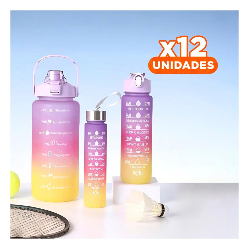 Pack12 Cantimploras Set Triple en Morado con Tapa de Plastico 2 L 1 L y 300 Ml