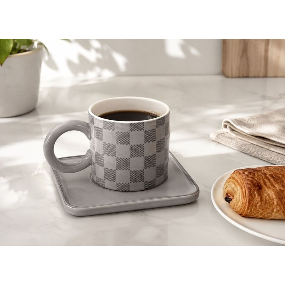 Taza de Cerámica con Plato Cuadrado 250 ml Gris – Diseño a Cuadros