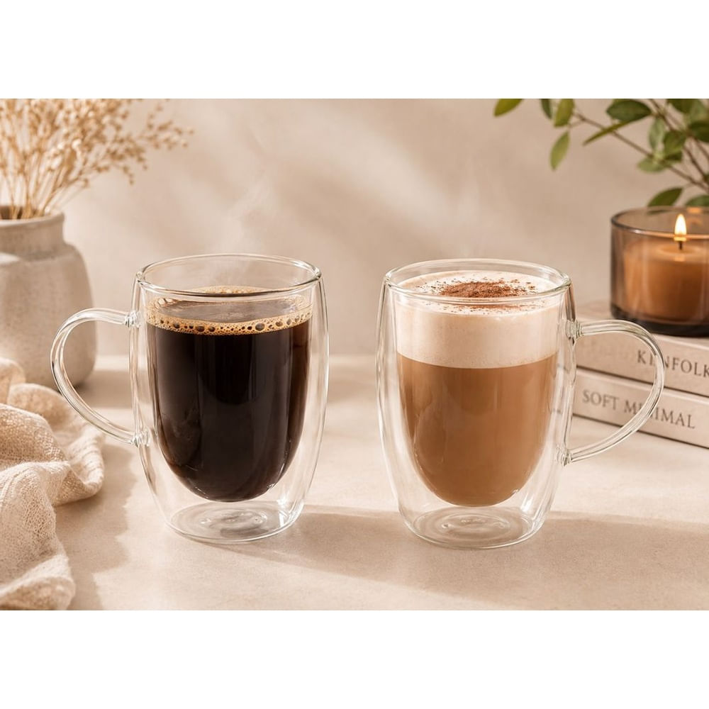 4 Tazas de Vidrio Borosilicato Doble Pared 450 ml