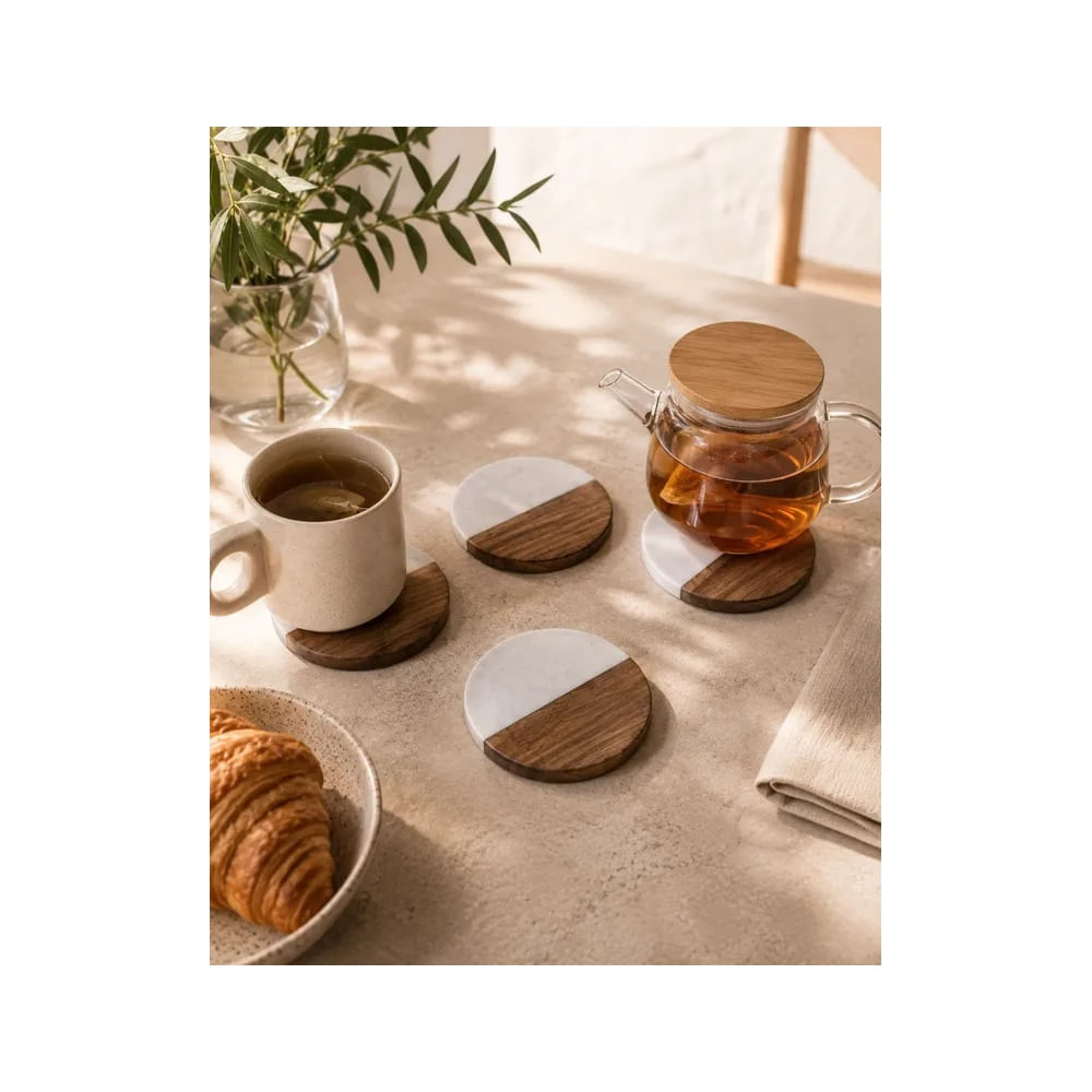 4 Posavasos Diseño tipo Mármol Blanco y Madera Natural