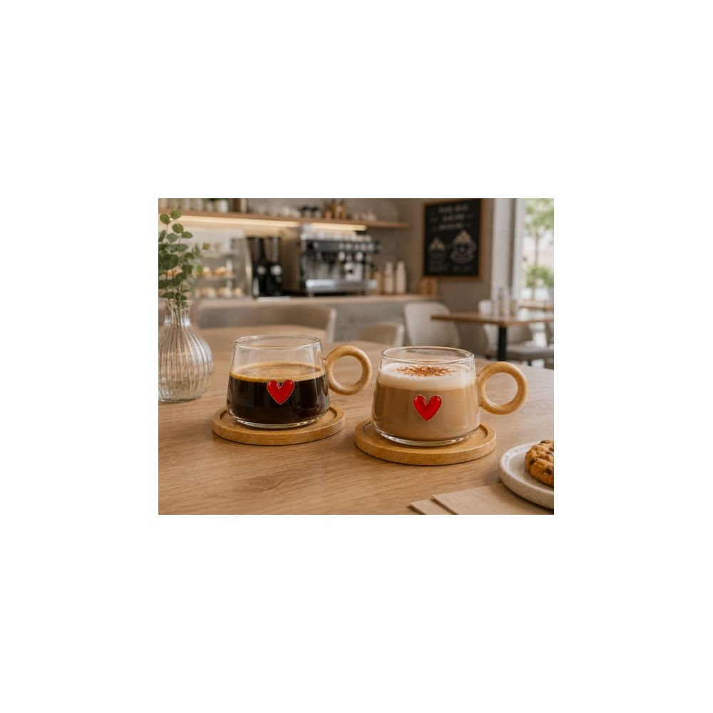 2 Tazas de Vidrio Borosilicato con Asa y Base de Madera 300ml