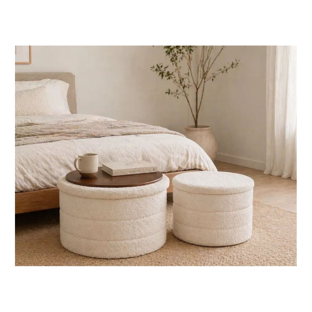 Set de 2 Mesas de Centro Tipo Puff Bouclé con Tapa de Madera y Almacenamiento Crema