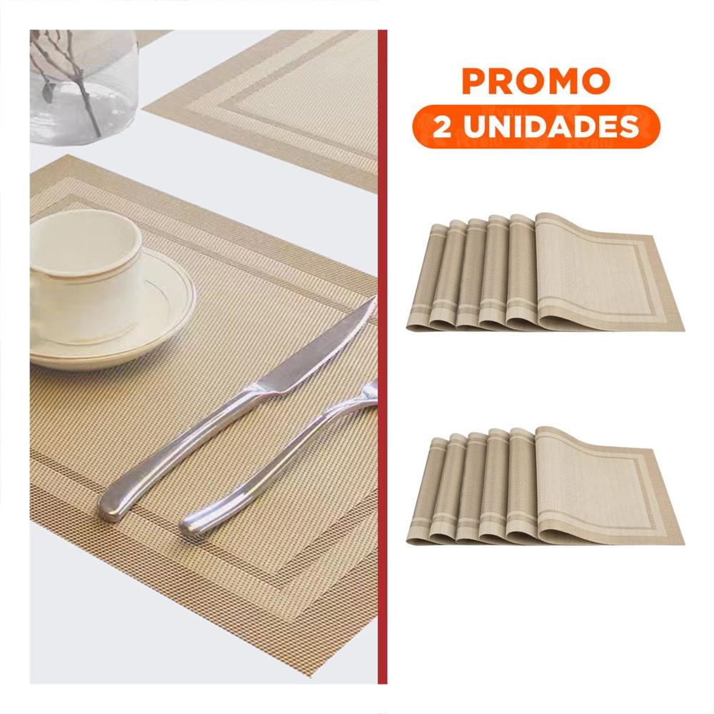 Pack2 Juego Decorativo de Mesa 6 Individual Rectangular con Borde Rayas Dorado Y Regalo Sticker