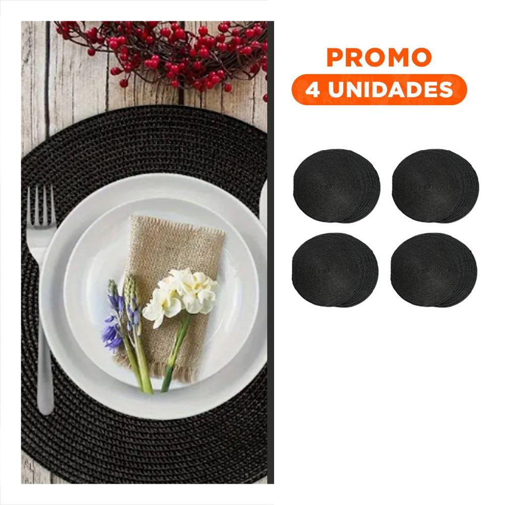 Pack4 Tapete de Mesa Circular Boho Negro para Comedor
