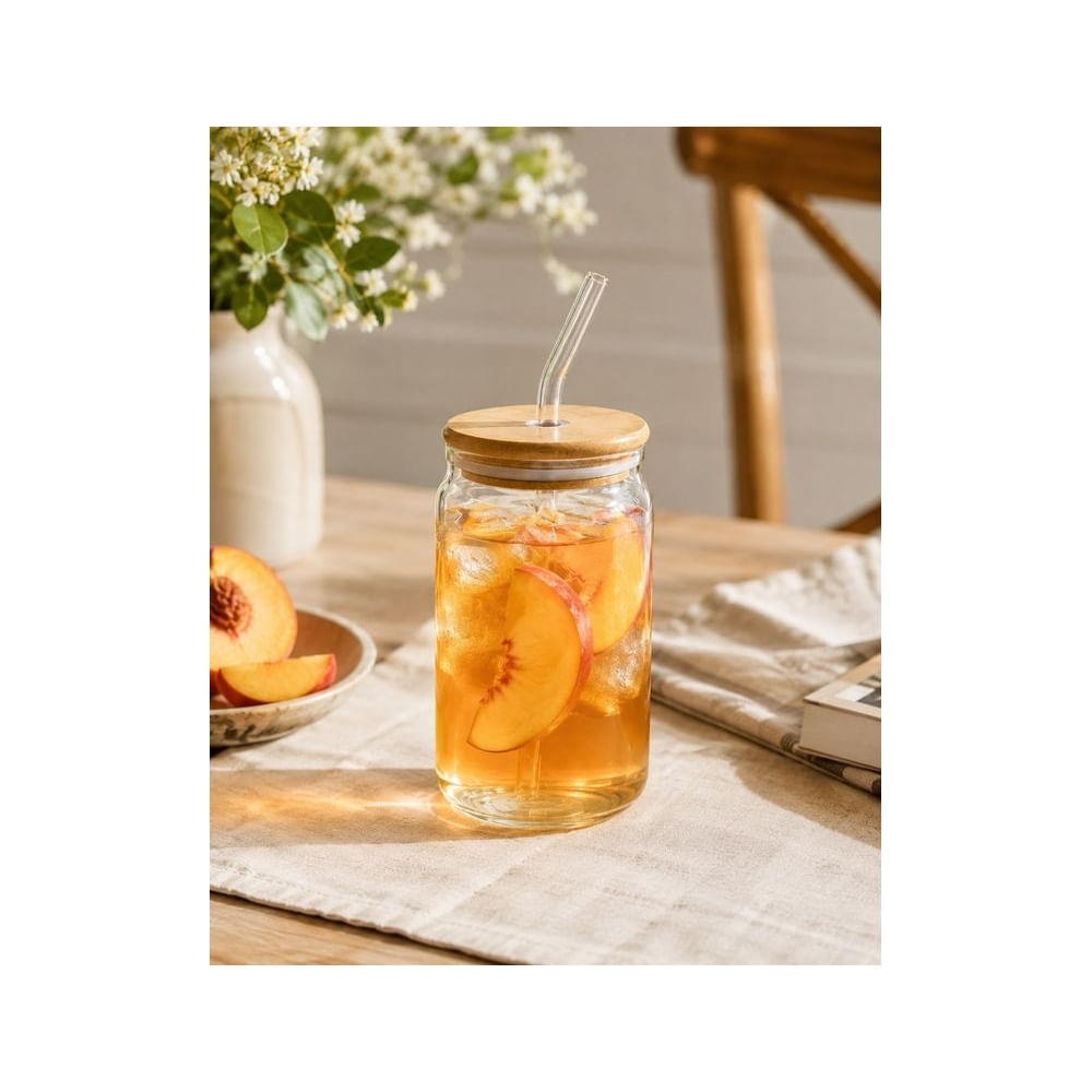 2 Vasos de Vidrio Borosilicato 550 ml con Tapa de Bambú y Sorbete