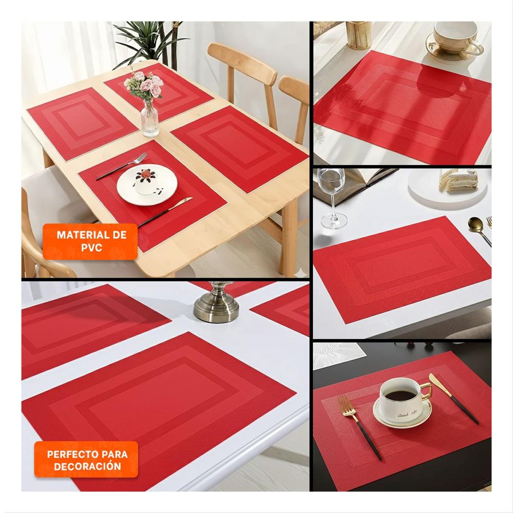 Set Decorativo 6 Individual Rectangular con Borde Rayas Guinda para Mesa Hogar Y Ligas Regalo