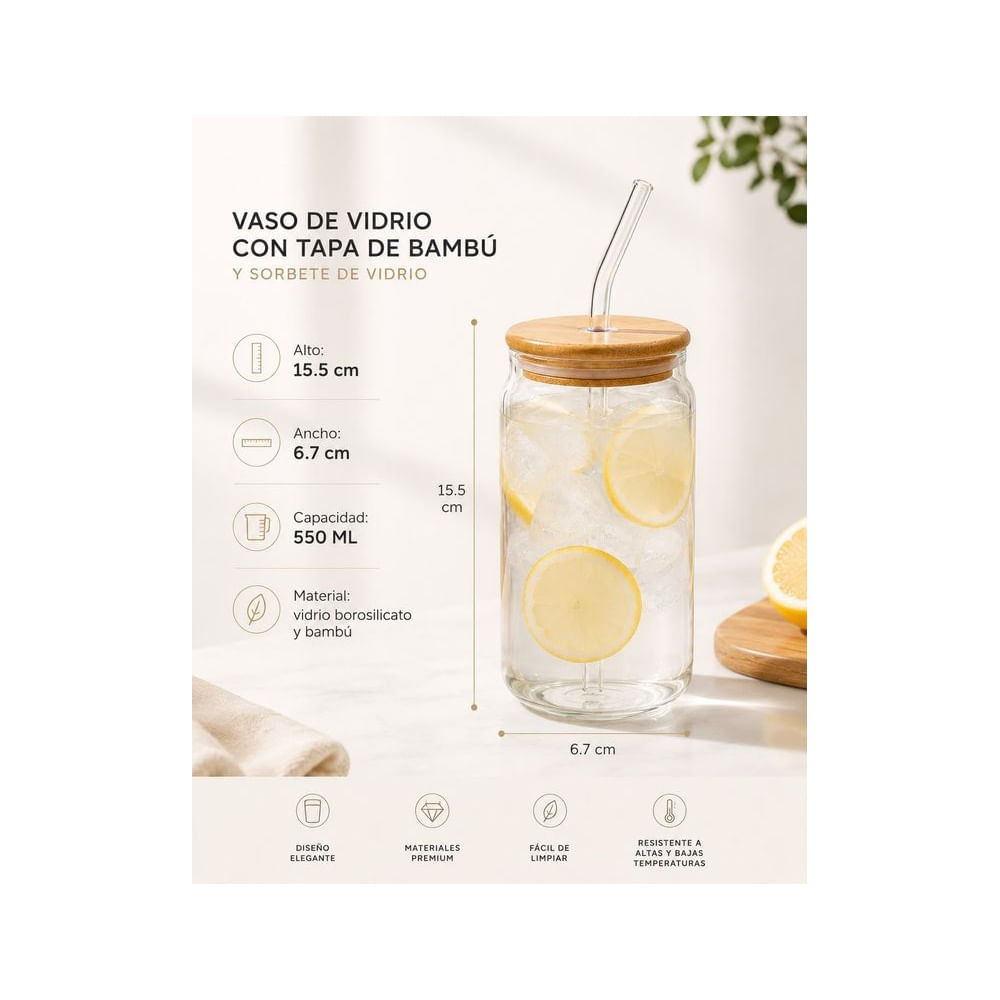 Vaso de Vidrio Borosilicato 550 ml con Tapa de Bambú y Sorbete