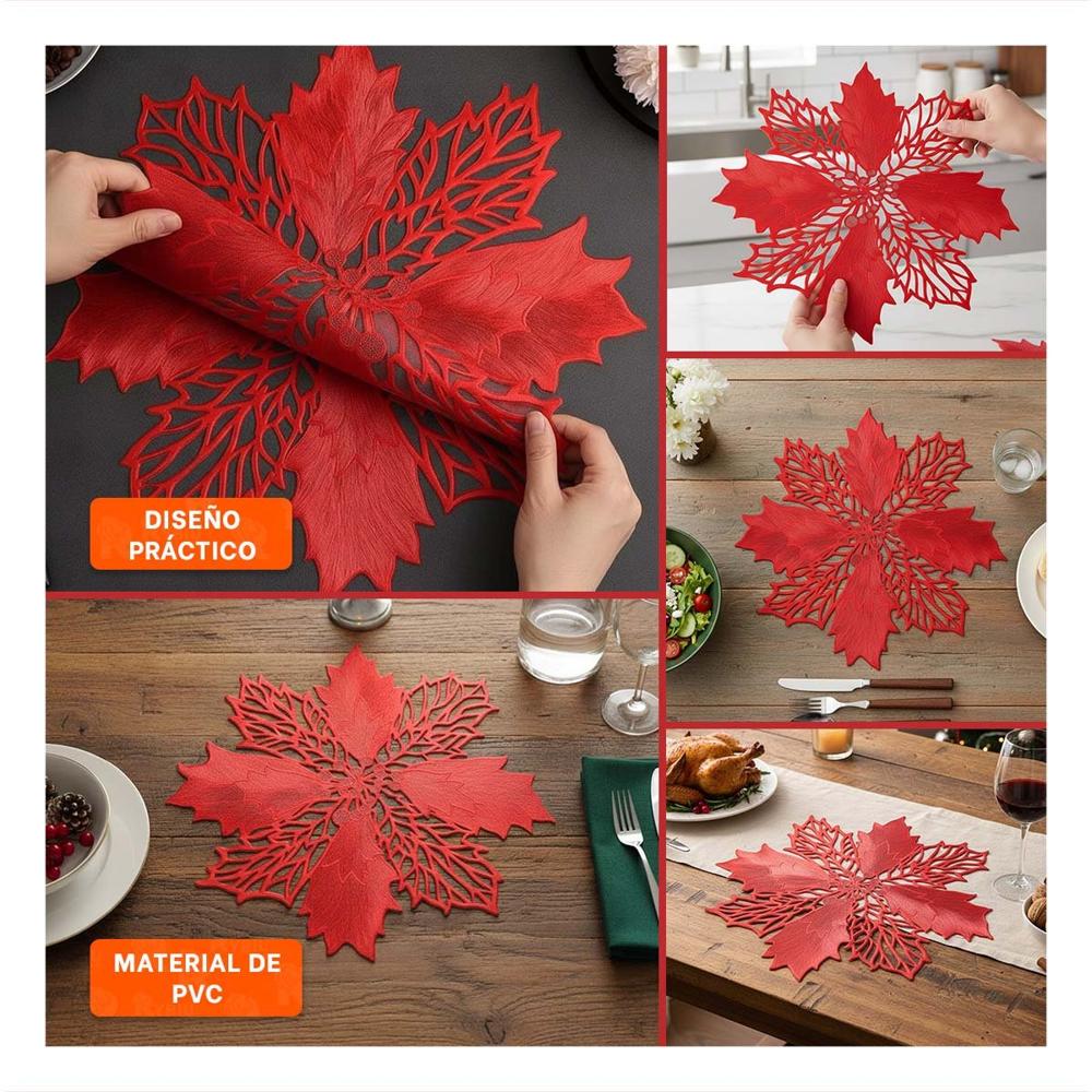 Set para Mesa 6 Individuales Flor de Pina Rojo 42x42 cm Hogar Navidad Y Ligas Regalo