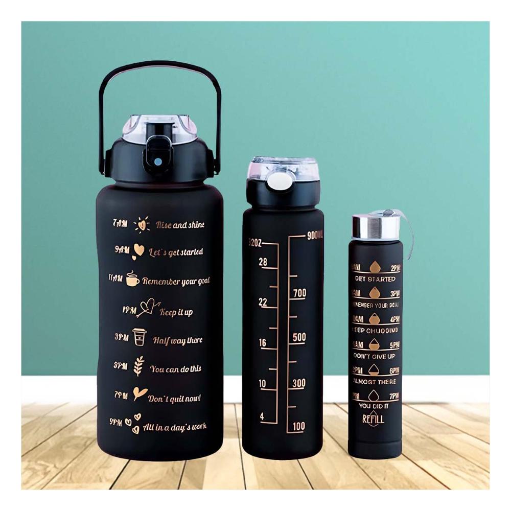 Botellas de Hidratacion Negro con Tapa de Plastico en Presentacion de 3 Piezas 2 L 1 L y 300 Ml