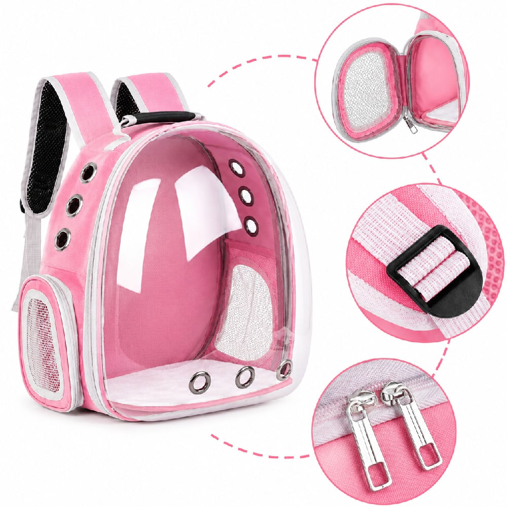 Mochila Transportadora De Mascotas Gatos Con Ventana Trasparente Color Rosado