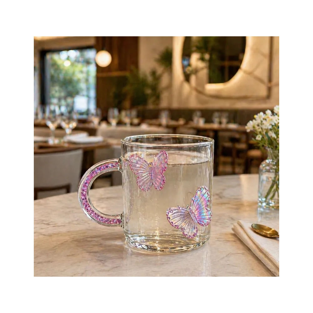 Taza de Vidrio Borosilicato Diseño Mariposa 3D