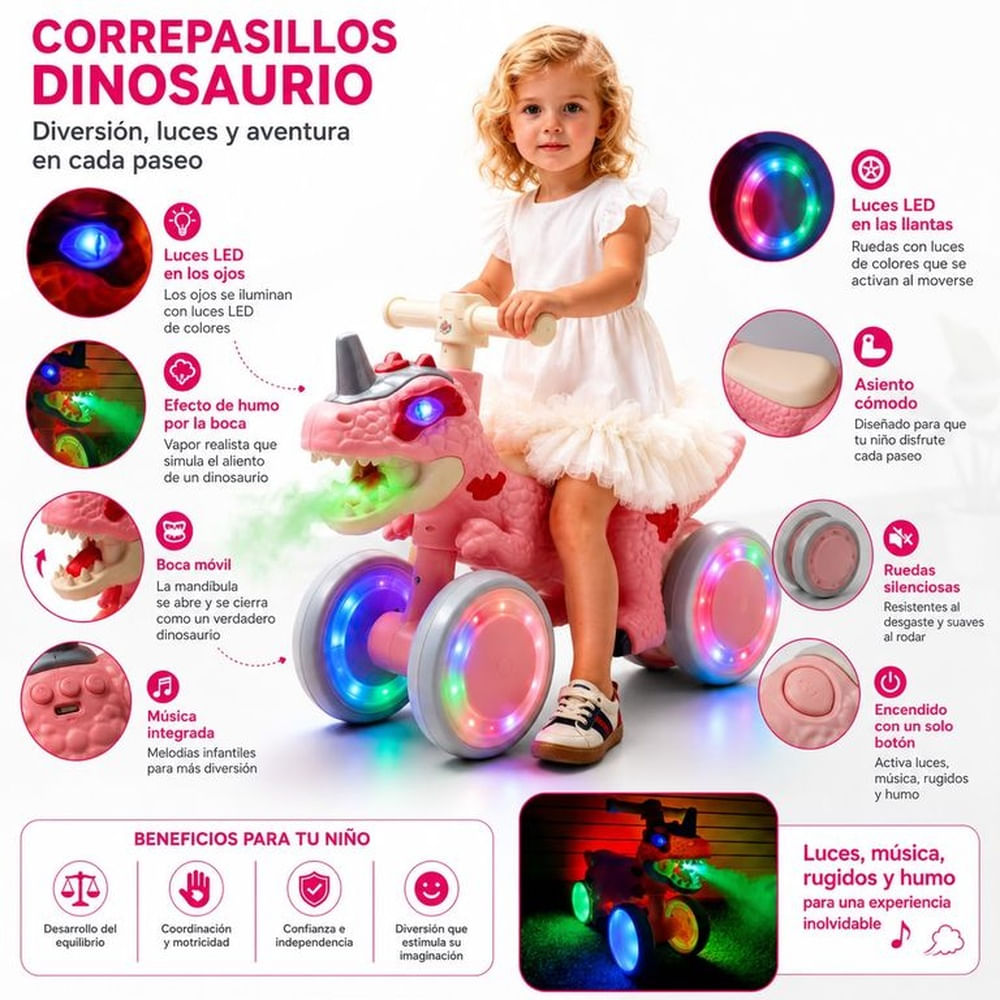 CORREPASILLO DINOSAURIO INFANTIL BOTA HUMO CON BLUETOOTH LUCES LED MÚSICAL Y RUEDAS EVA