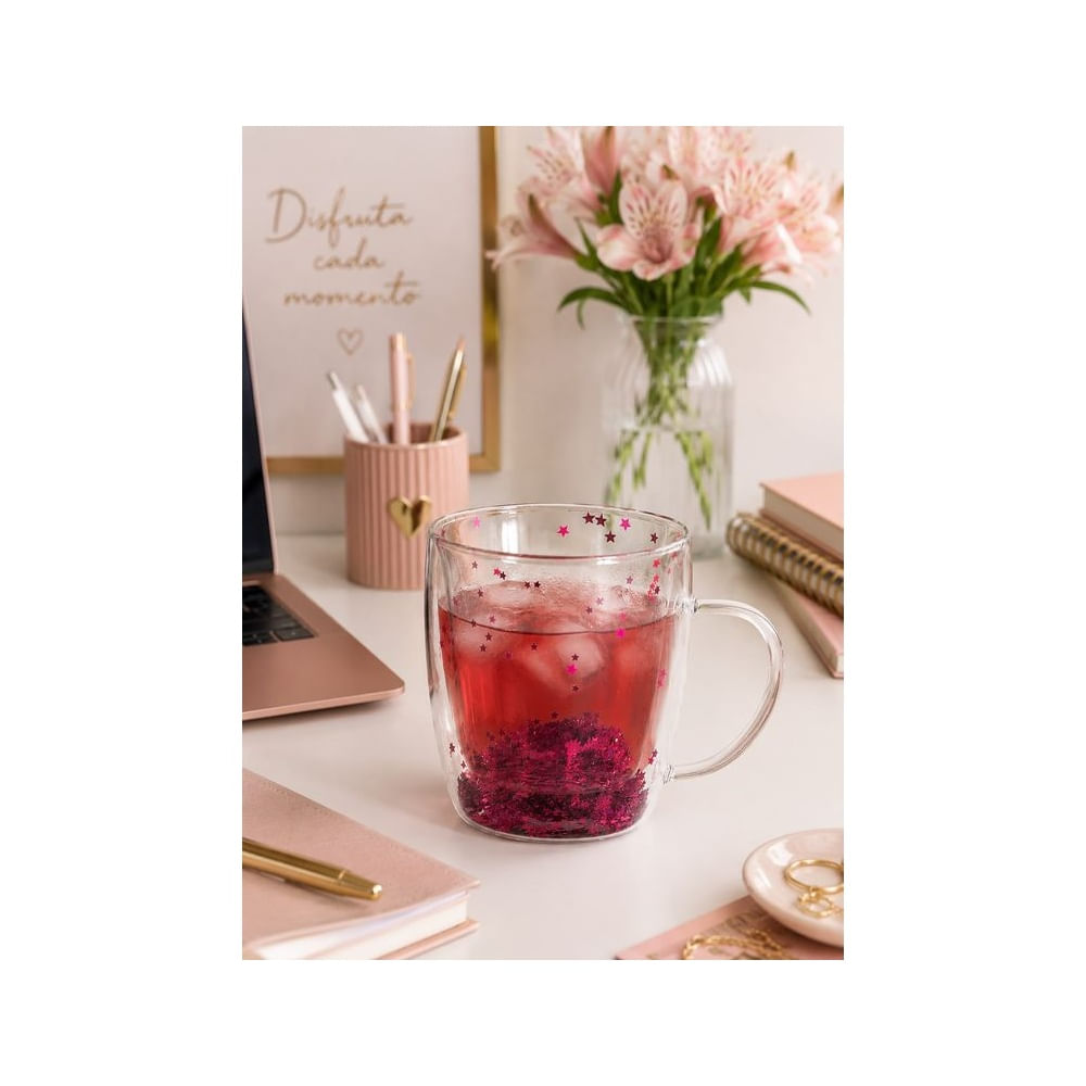 4 Tazas con Estrellas rosadas Doble Capa Vidrio Borosilicato 350 ml
