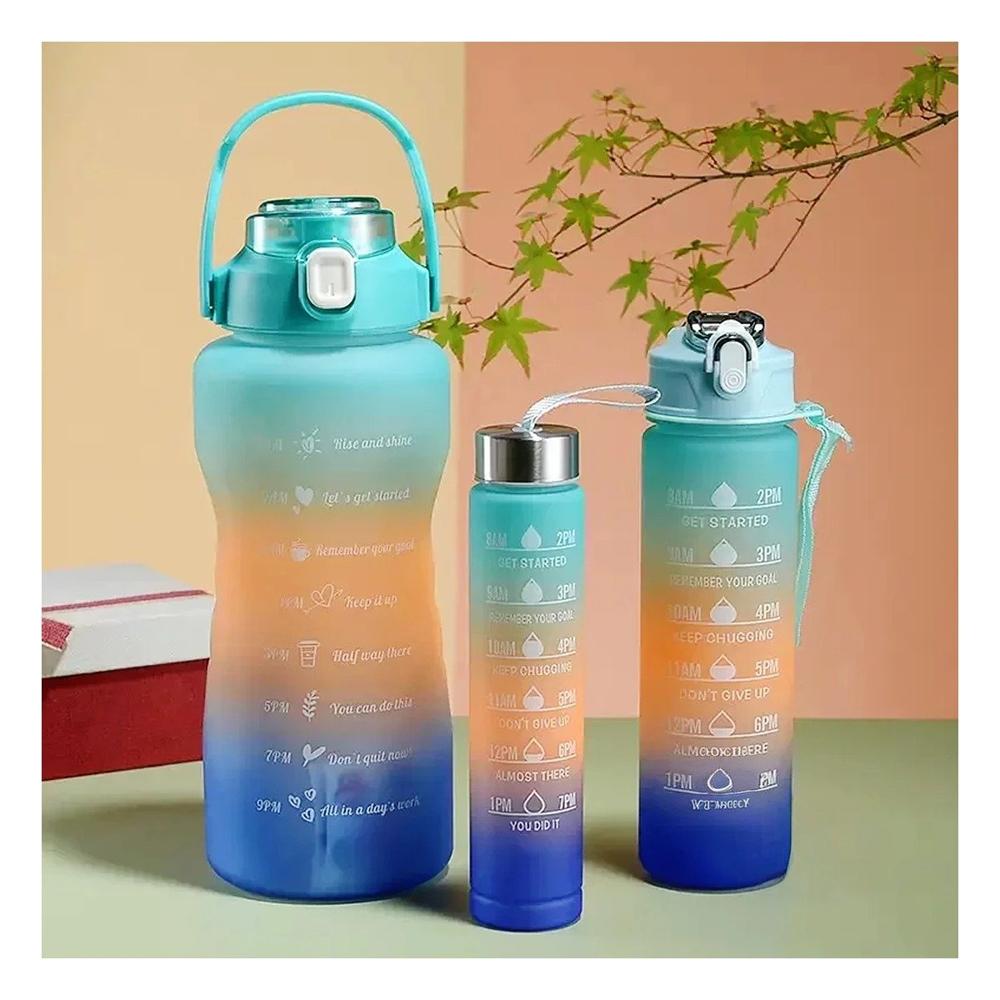 Botellas de Hidratacion Celeste con Tapa de Plastico en Presentacion de 3 Piezas 2L 1L y 300Ml