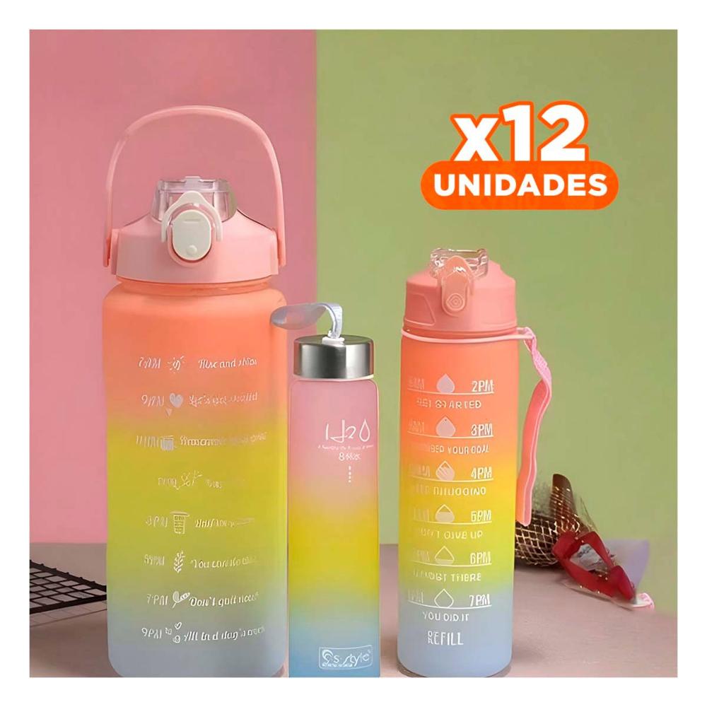 Pack12 Cantimploras Set Triple en Rosado con Tapa de Plastico 2 L 1 L y 300 Ml