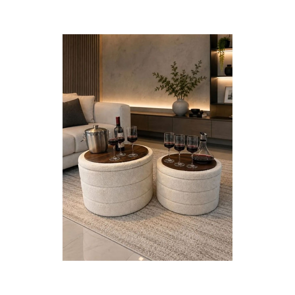 Set 2 Mesas de Centro Multifuncionales con Baúl y Tapas Reversibles Bouclé y madera Crema