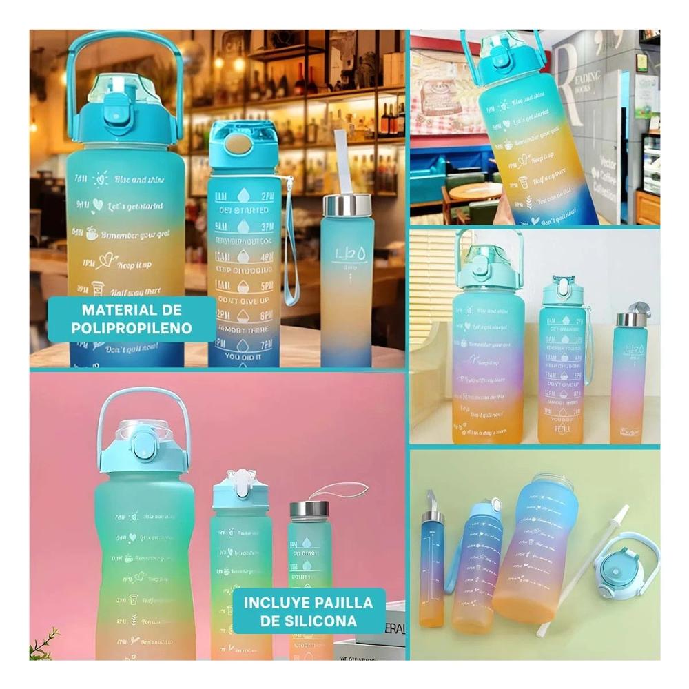 Botellas de Hidratacion en Celeste con Capacidad 2 L 1 L y 300 Ml en Set de 3 Y Notas
