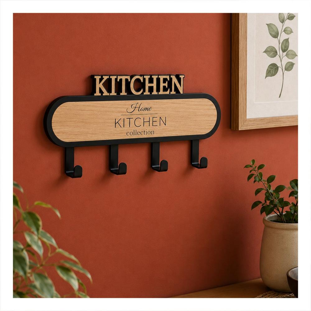 Colgador Kitchen Negro y Beige para Pared con 4 Ganchos 39x13.5cm Multiuso Y Papel Regalo