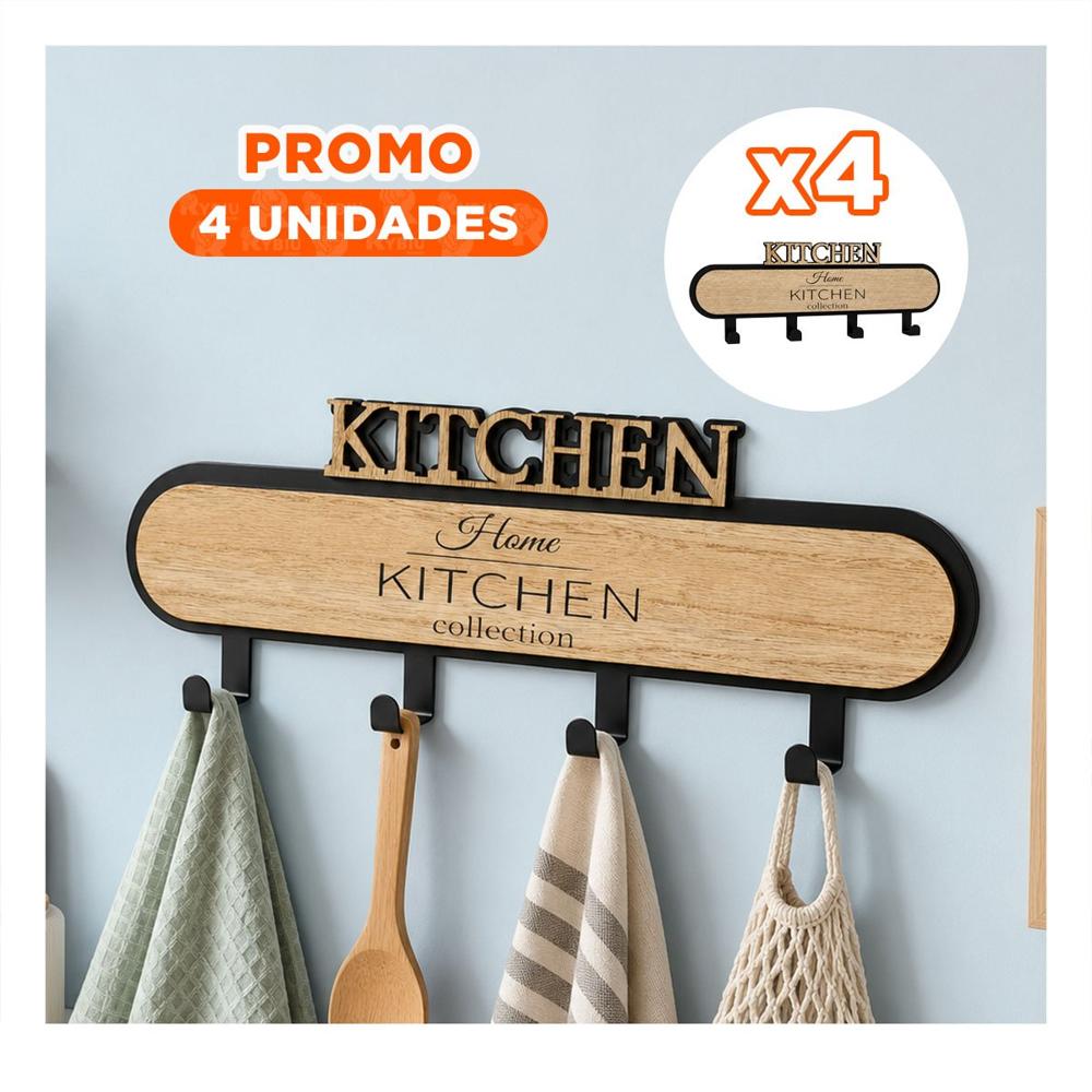 Pack4 Gancho Kitchen Negro y Beige para Pared con 4 Ganchos 39x13.5cm Multiuso YPapel Regalo