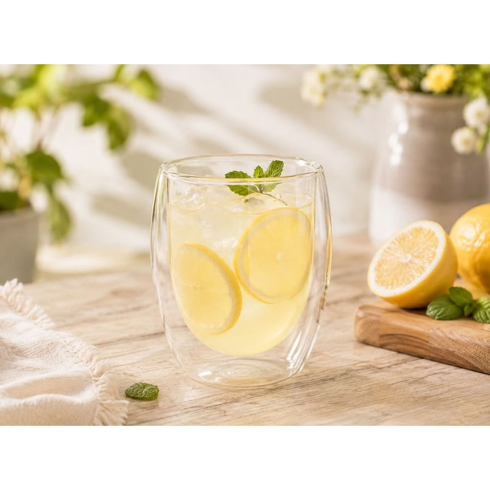 6 Vasos de Vidrio Borosilicato Doble Fondo 340 ml para Bebidas Frías y Calientes