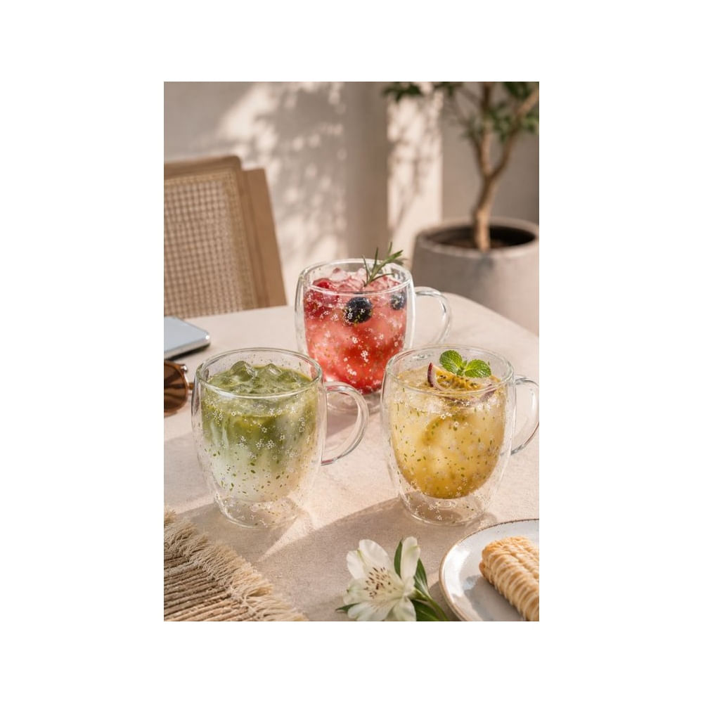 2 Tazas Doble Fondo de Vidrio Borosilicato 300 ml con Diseño Floral