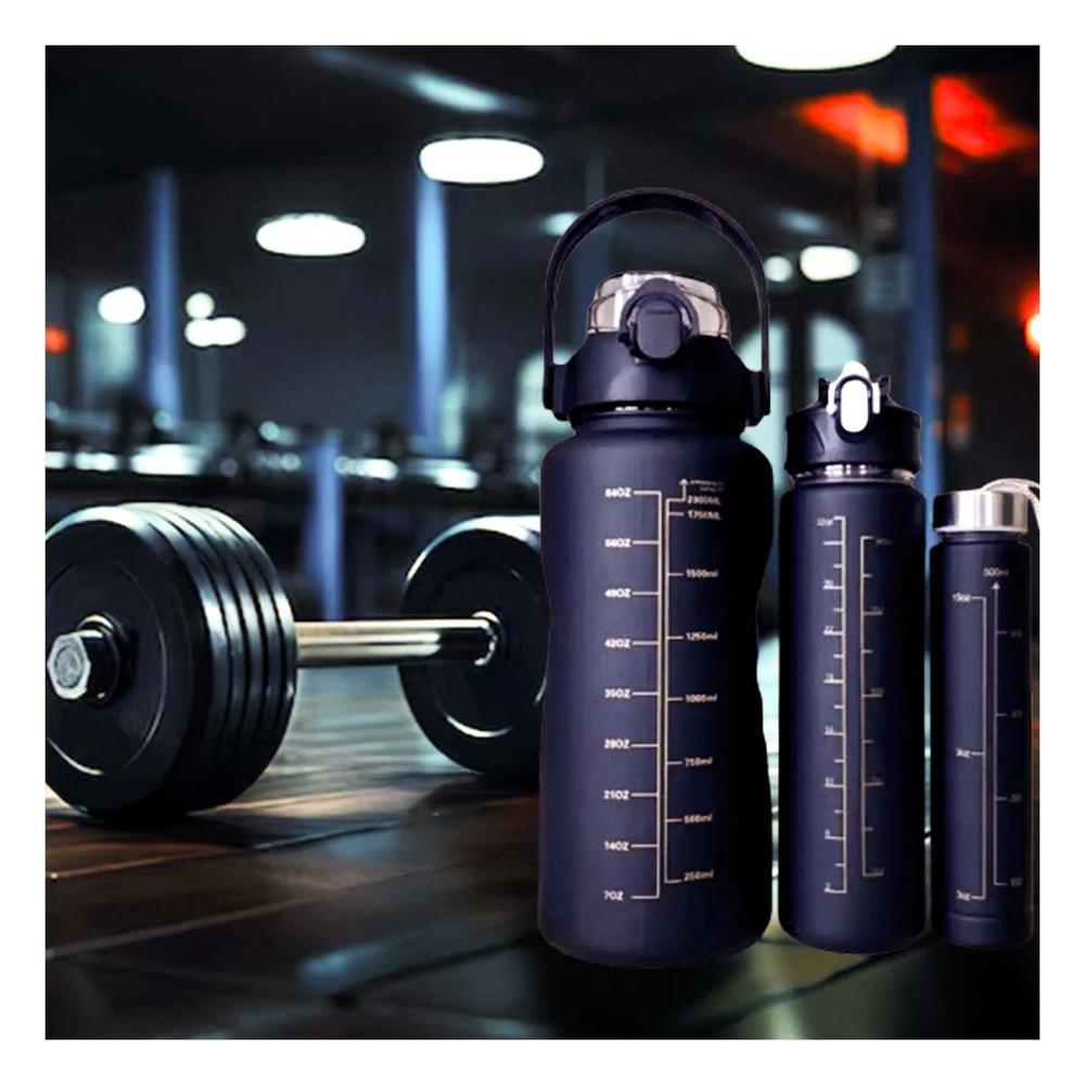 Botellas de Hidratacion Set de 3 Negro con Tapa y Formato 2 L 1 L y 300 Ml YLigas Regalo