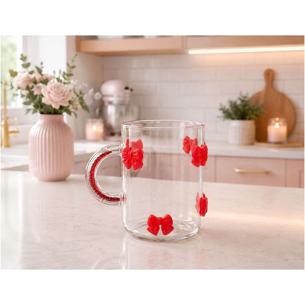 Taza con lazos 3D rojo Vidrio Borosilicato 450ML