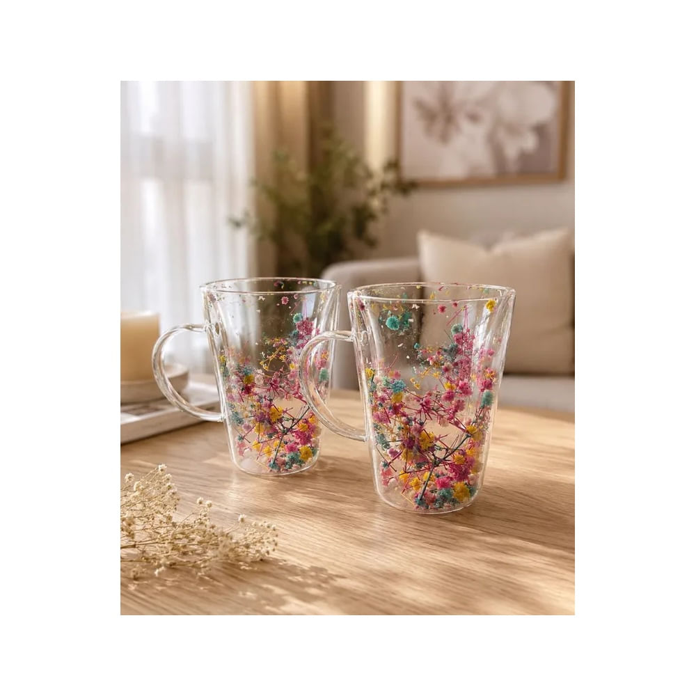 6 Tazas de Vidrio Doble Pared con Flores Decorativas – Diseño Floral