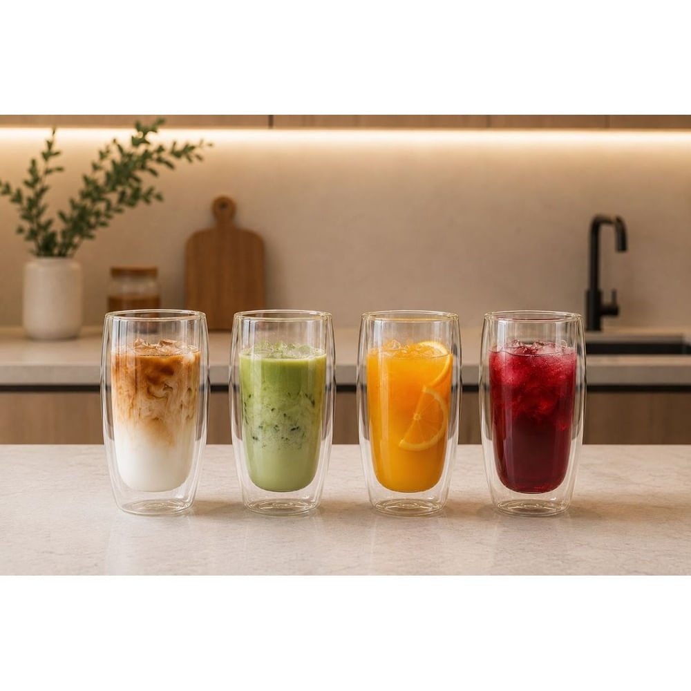 4 Vasos ALTOS Doble Fondo 650 ml de Vidrio Borosilicato