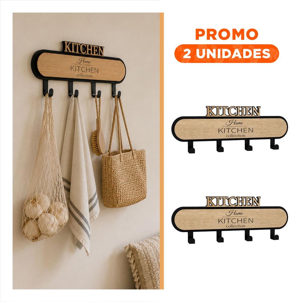 Pack2 Perchero con 4 Ganchos para Pared Kitchen Negro y Beige Organizador YRegalo Sticker