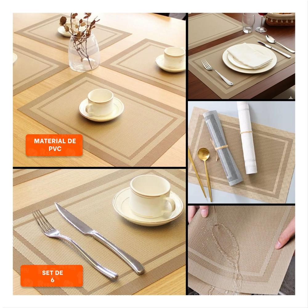 Set Decorativo 6 Individual Rectangular con Borde Rayas Dorado para Mesa Hogar Y Ligas Regalo