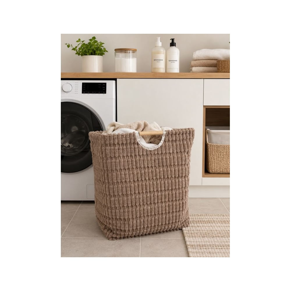Cesto para Ropa Sucia Plegable de Felpa con Interior Laminado y Asas de Madera